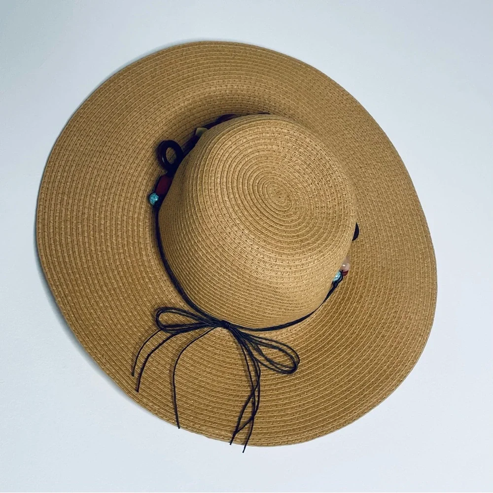 Royal Resortwear woven beaded turquoise and wood leather lace Sun hat for Sumner